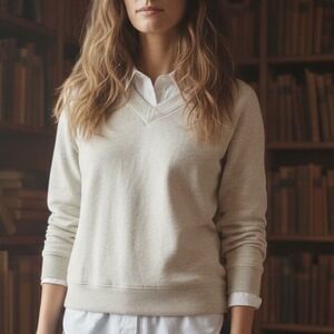 Orvis Women L Beige V-Neck Long Sleeve Sweatshirt Minimalist Librariancore Layer